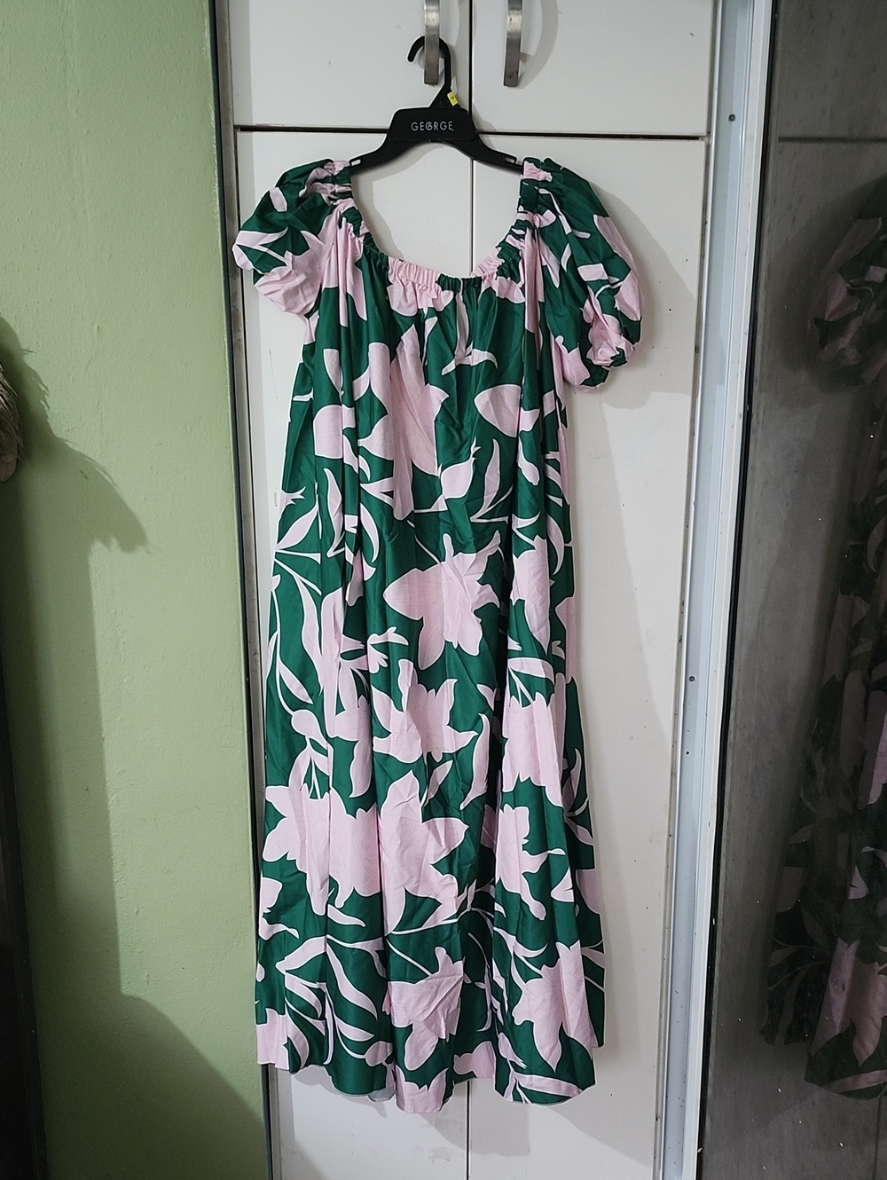 George Pink & Green Floral Maxi Dress with Puff Sleeves